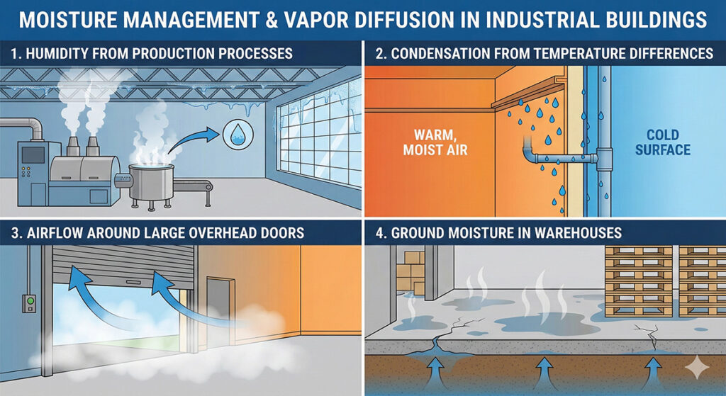 Illustration showing various forms of moisture in industrial buildings such as humidity from production processes, condensation from temperature differences, airflow around large overhead doors and ground moisture in warehouses. These can all be solved by spray foam insulation services by Impact Insulation in Utah, Idaho and Wyoming