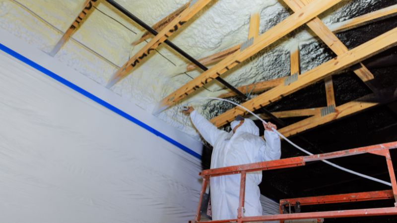 Local spray foam insulation contractor wearing PPE while spraying a garage in Utah