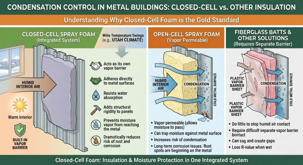 Condensation Control in Metal Buildings Diagram: Closed-Cell vs. Open Cell vs. Fiberglass